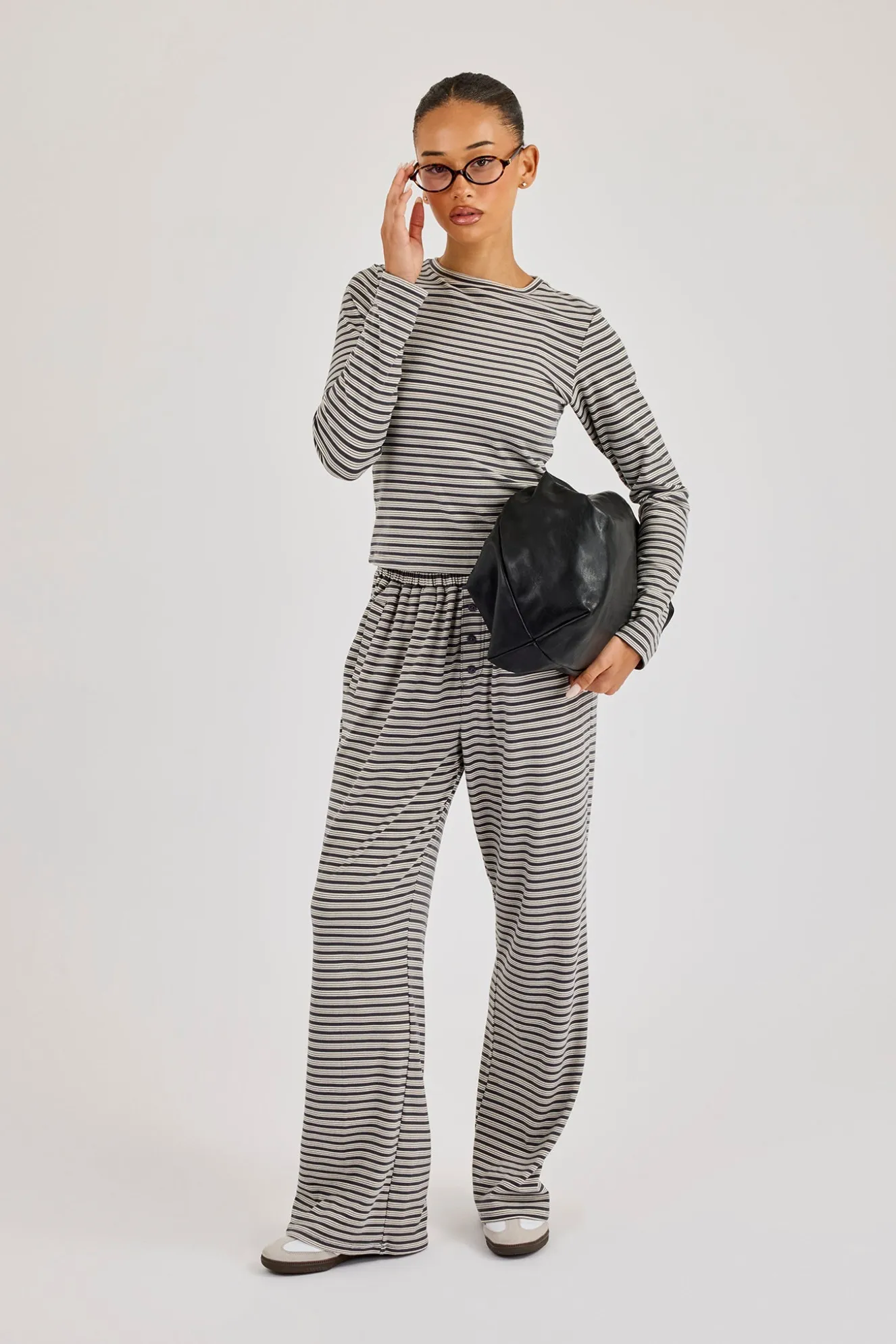 Stripe Soft Touch Long Sleeve Top & Button Detail Wide Leg Jogger - Grey