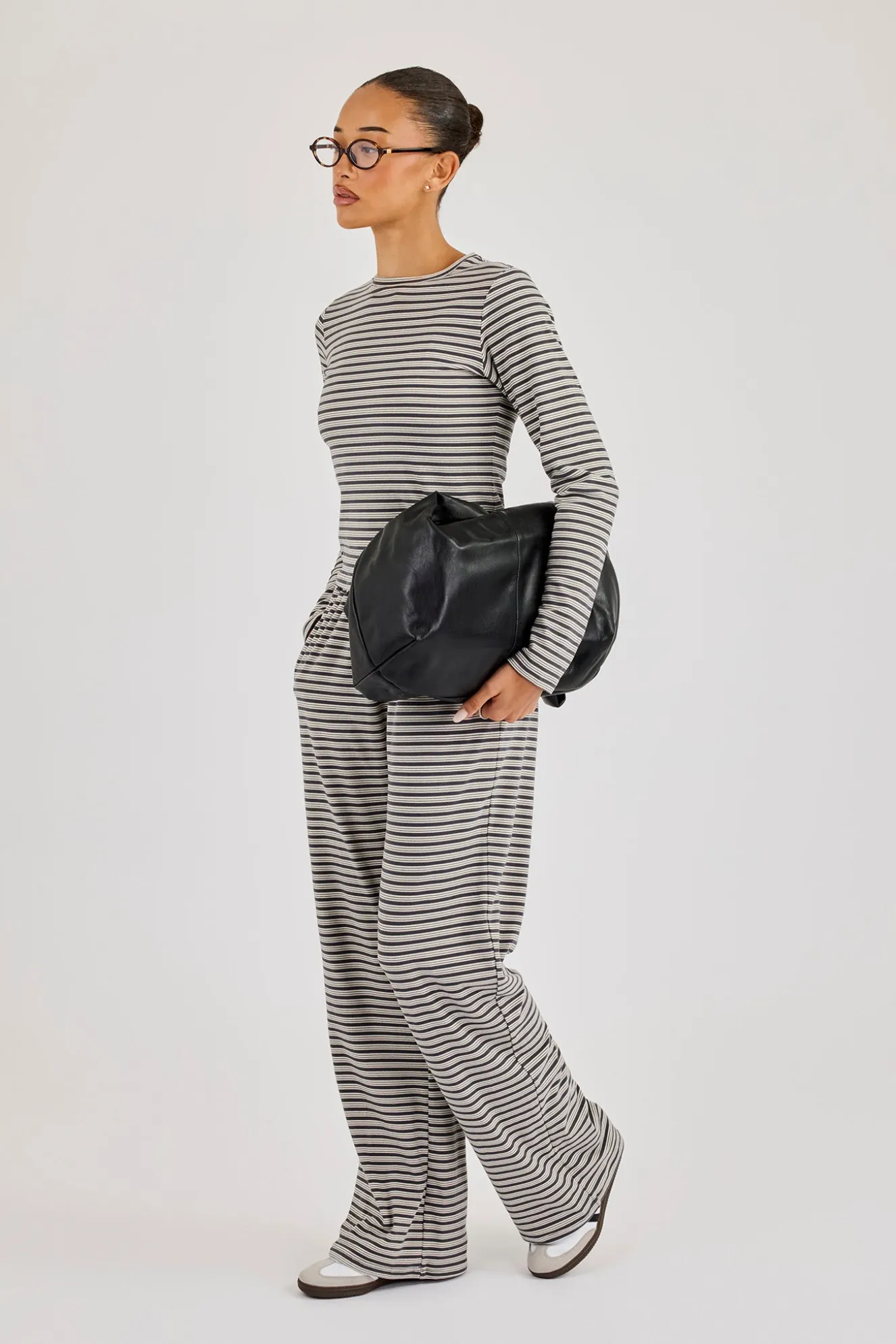 Stripe Soft Touch Long Sleeve Top & Button Detail Wide Leg Jogger - Grey