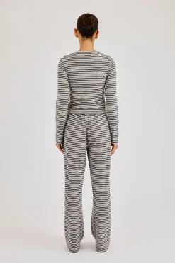Stripe Soft Touch Long Sleeve Top & Button Detail Wide Leg Jogger - Grey