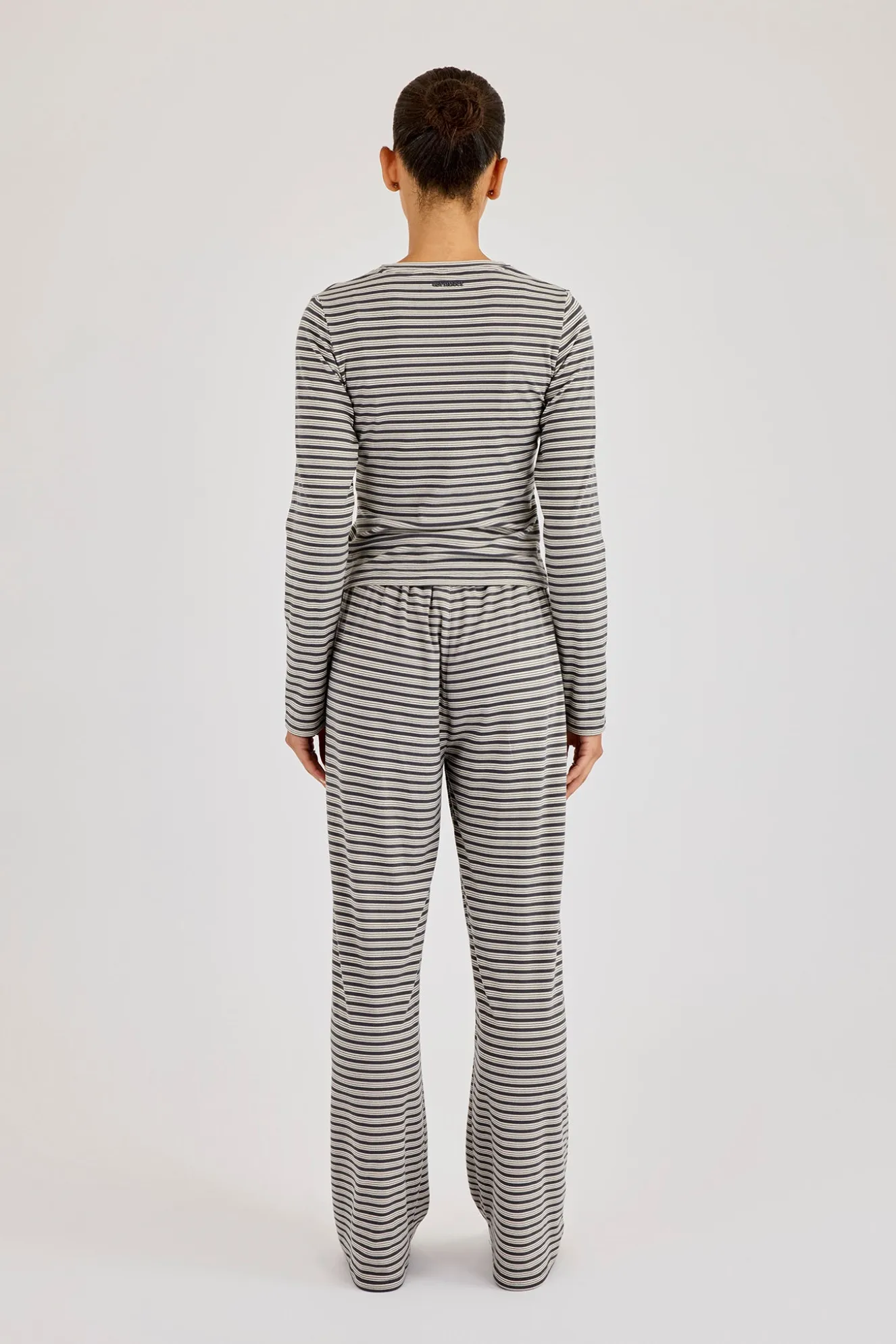 Stripe Soft Touch Long Sleeve Top & Button Detail Wide Leg Jogger - Grey
