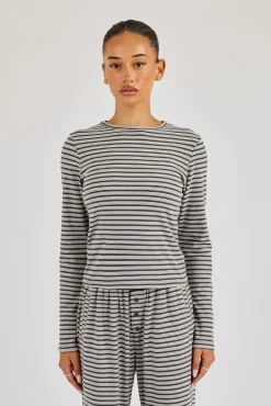 Stripe Soft Touch Long Sleeve Top - Grey