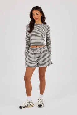 Stripe Soft Touch Long Sleeve Top & Button Front Short - Grey