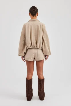 Suede Collared Bomber Jacket & Micro Short - Beige