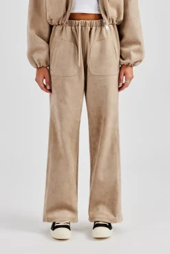 Suede Collared Bomber Jacket & Wide Leg Trouser - Beige