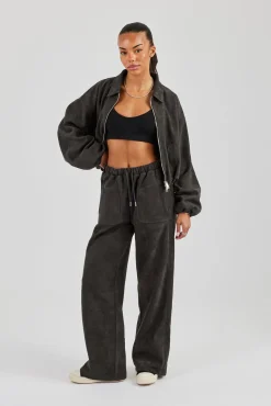 Suede Collared Bomber Jacket & Wide Leg Trouser - Charcoal
