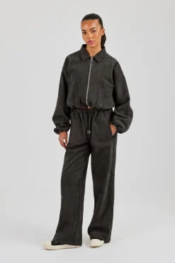 Suede Collared Bomber Jacket & Wide Leg Trouser - Charcoal