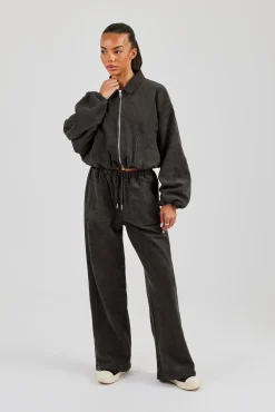 Suede Collared Bomber Jacket & Wide Leg Trouser - Charcoal