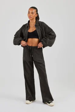 Suede Collared Bomber Jacket & Wide Leg Trouser - Charcoal