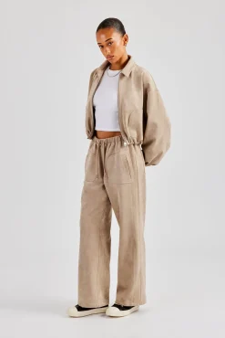 Suede Collared Bomber Jacket - Beige