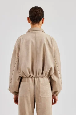 Suede Collared Bomber Jacket - Beige