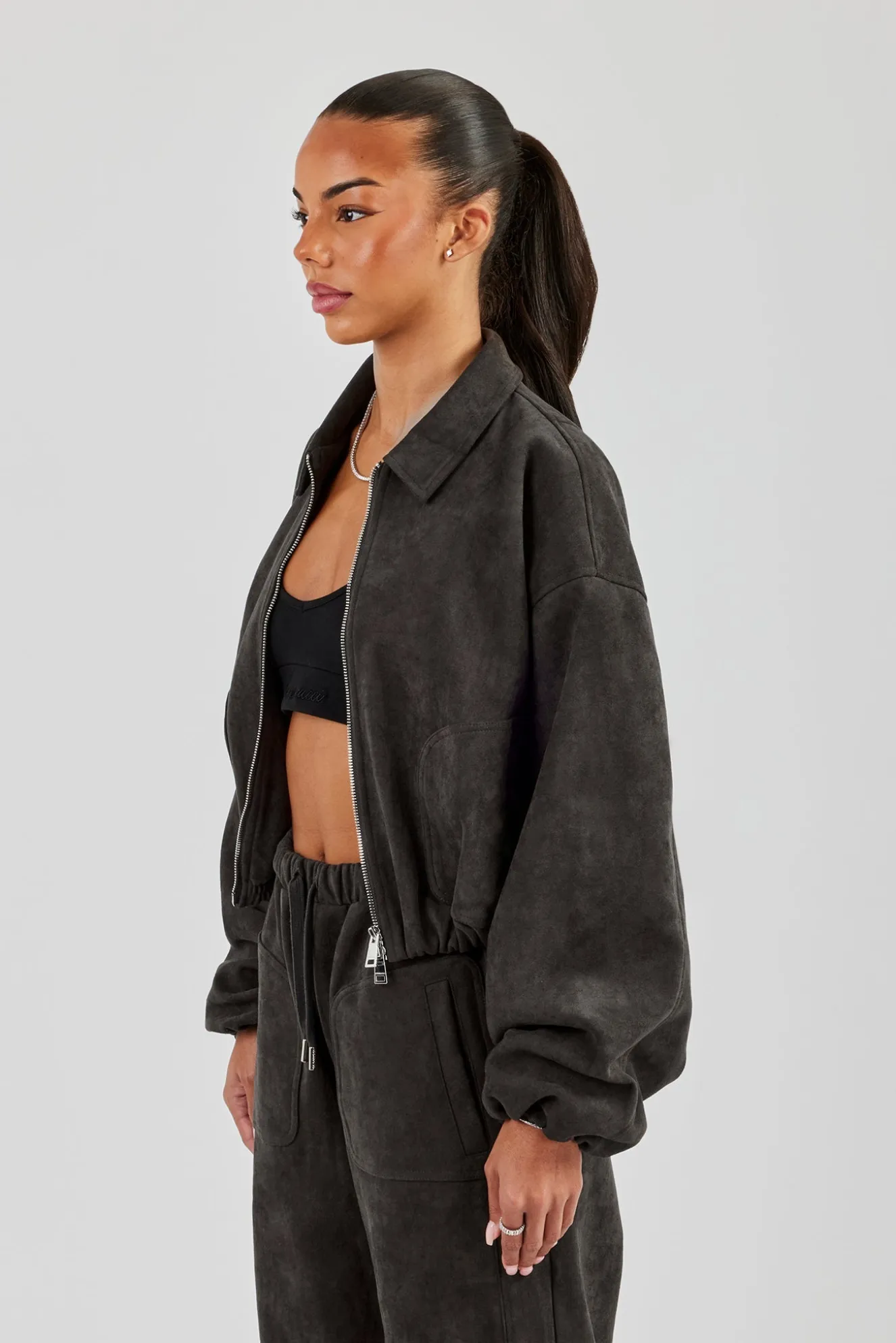 Suede Collared Bomber Jacket - Charcoal