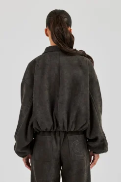 Suede Collared Bomber Jacket - Charcoal