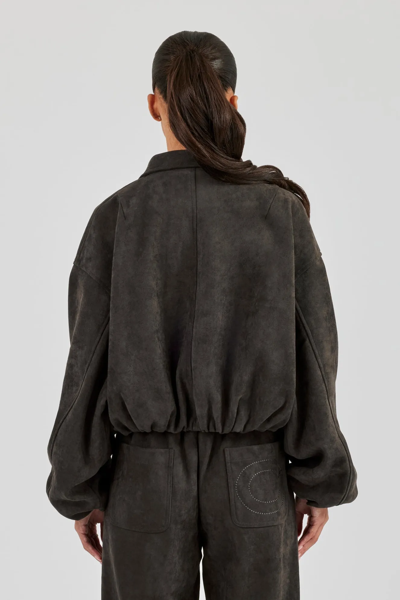 Suede Collared Bomber Jacket - Charcoal