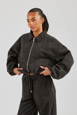 Suede Collared Bomber Jacket - Charcoal
