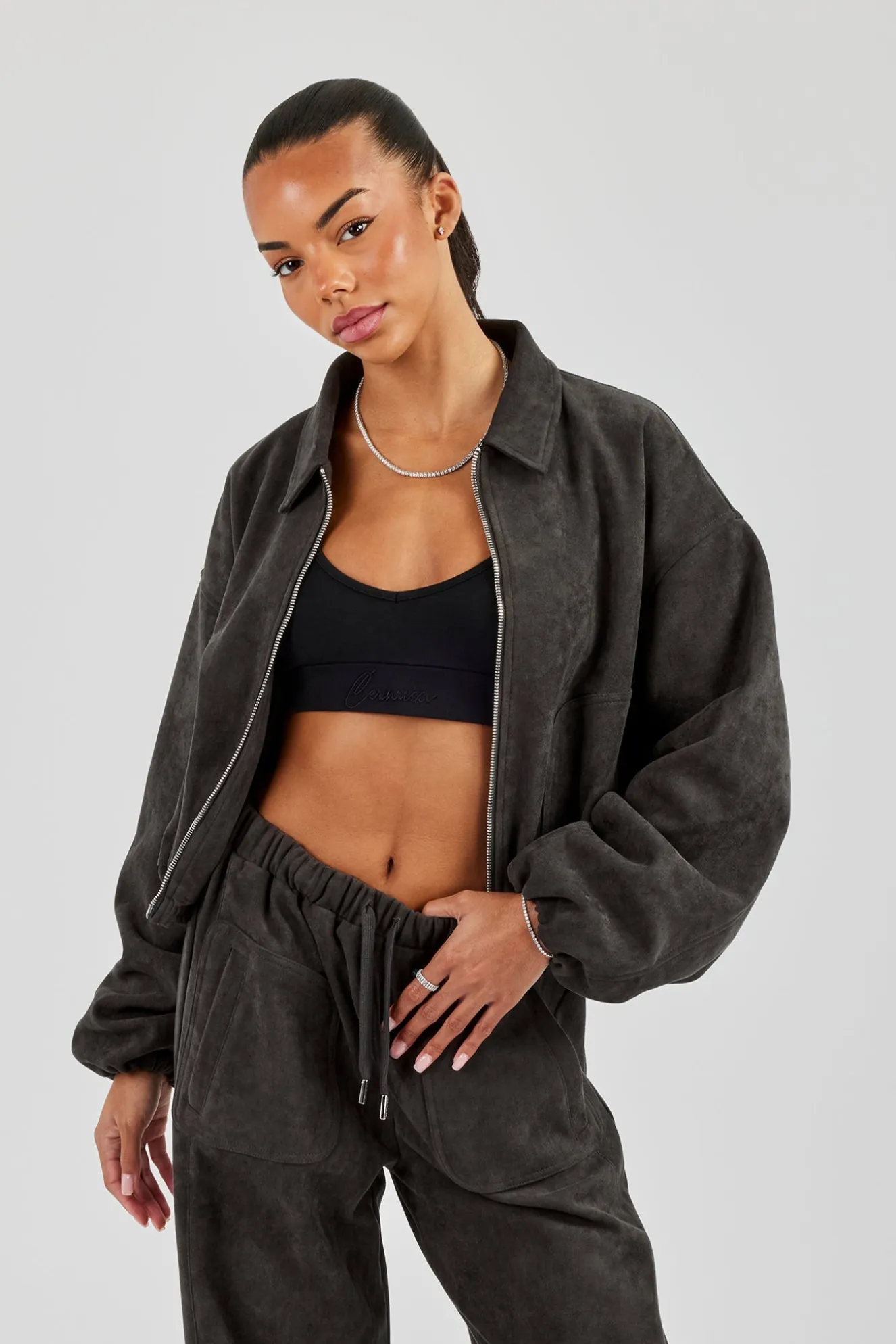 Suede Collared Bomber Jacket - Charcoal