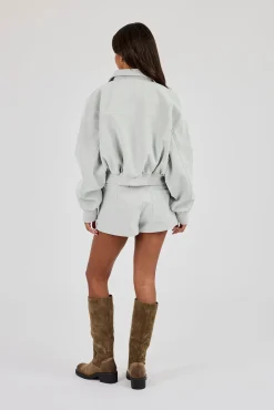 Suede Collared Bomber & Micro Short - Light Blue