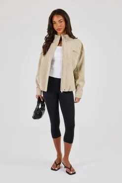 Suede Funnel Neck Jacket - Taupe
