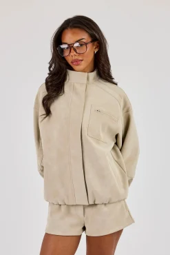 Suede Funnel Neck Jacket - Taupe