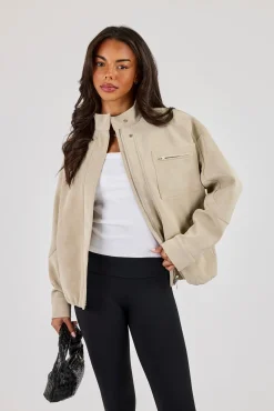 Suede Funnel Neck Jacket - Taupe
