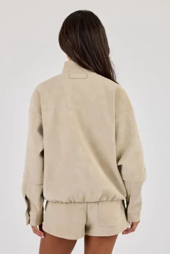 Suede Funnel Neck Jacket - Taupe