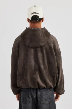 Suede Hooded Jacket With Tab - Chocolate