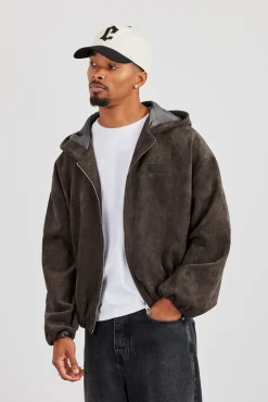 Suede Hooded Jacket With Tab - Chocolate