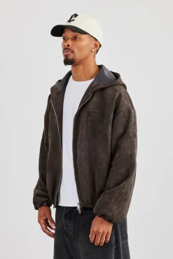 Suede Hooded Jacket With Tab - Chocolate