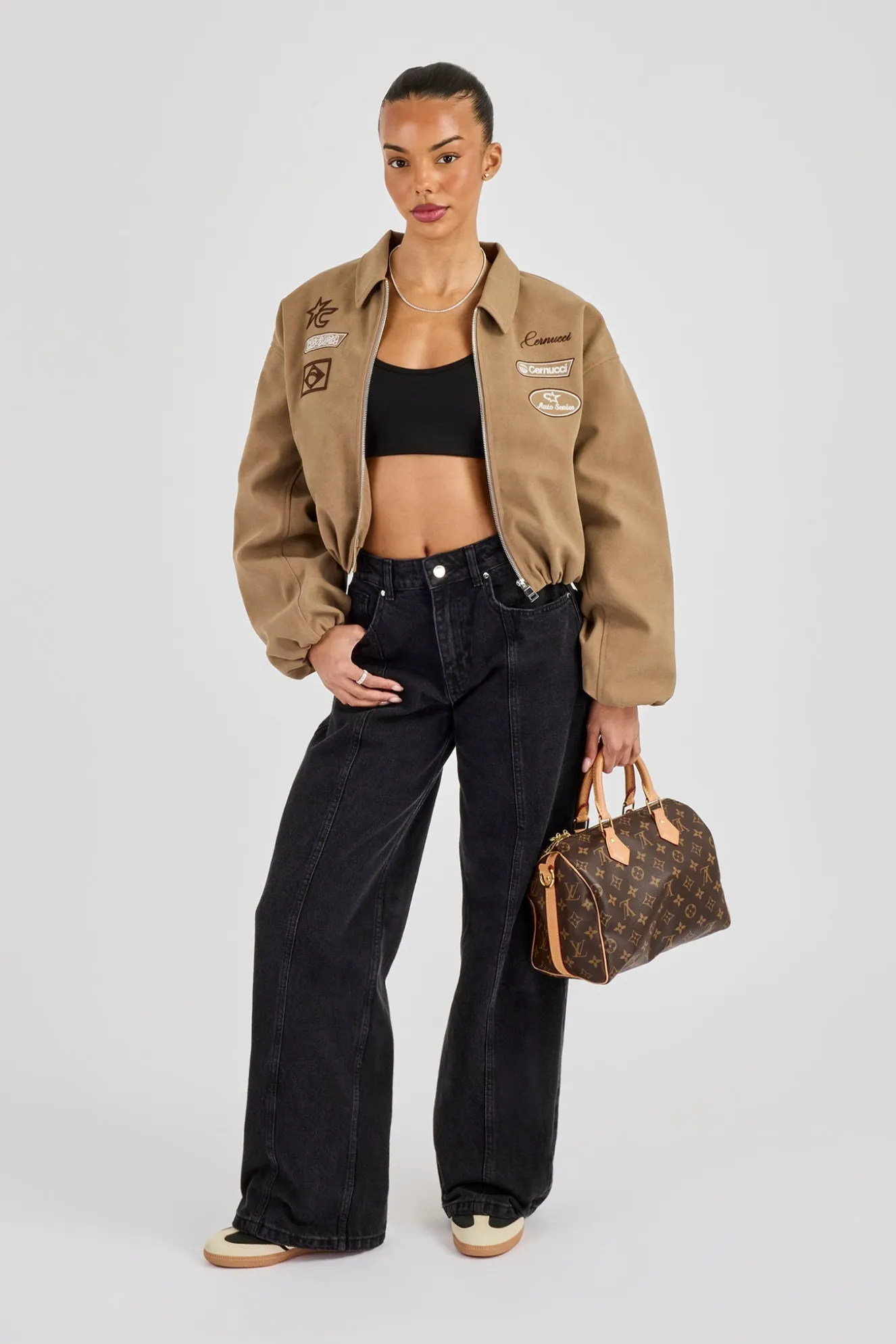 Suede Moto Badge Collared Bomber - Taupe