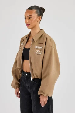 Suede Moto Badge Collared Bomber - Taupe