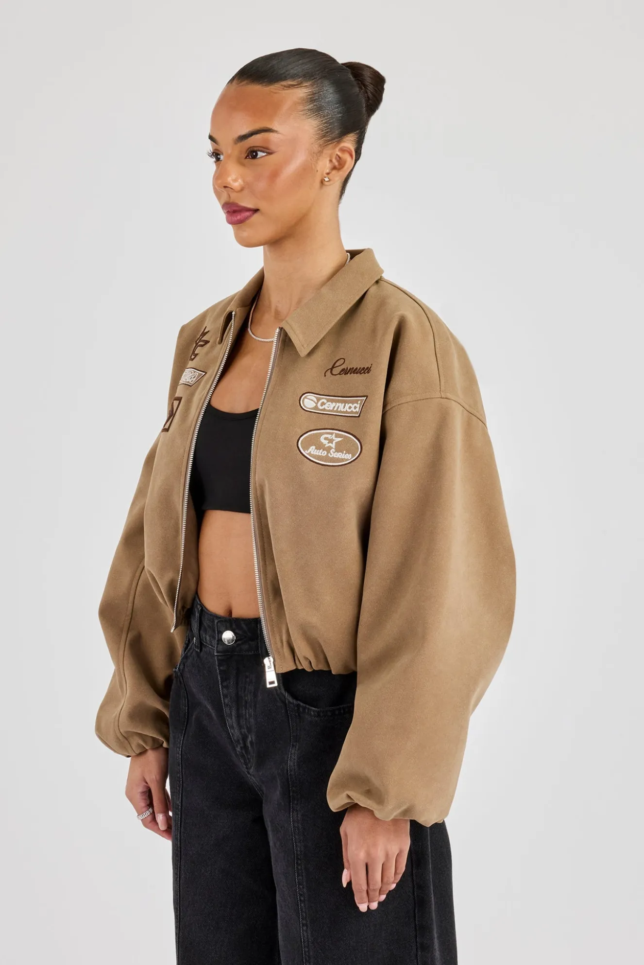 Suede Moto Badge Collared Bomber - Taupe