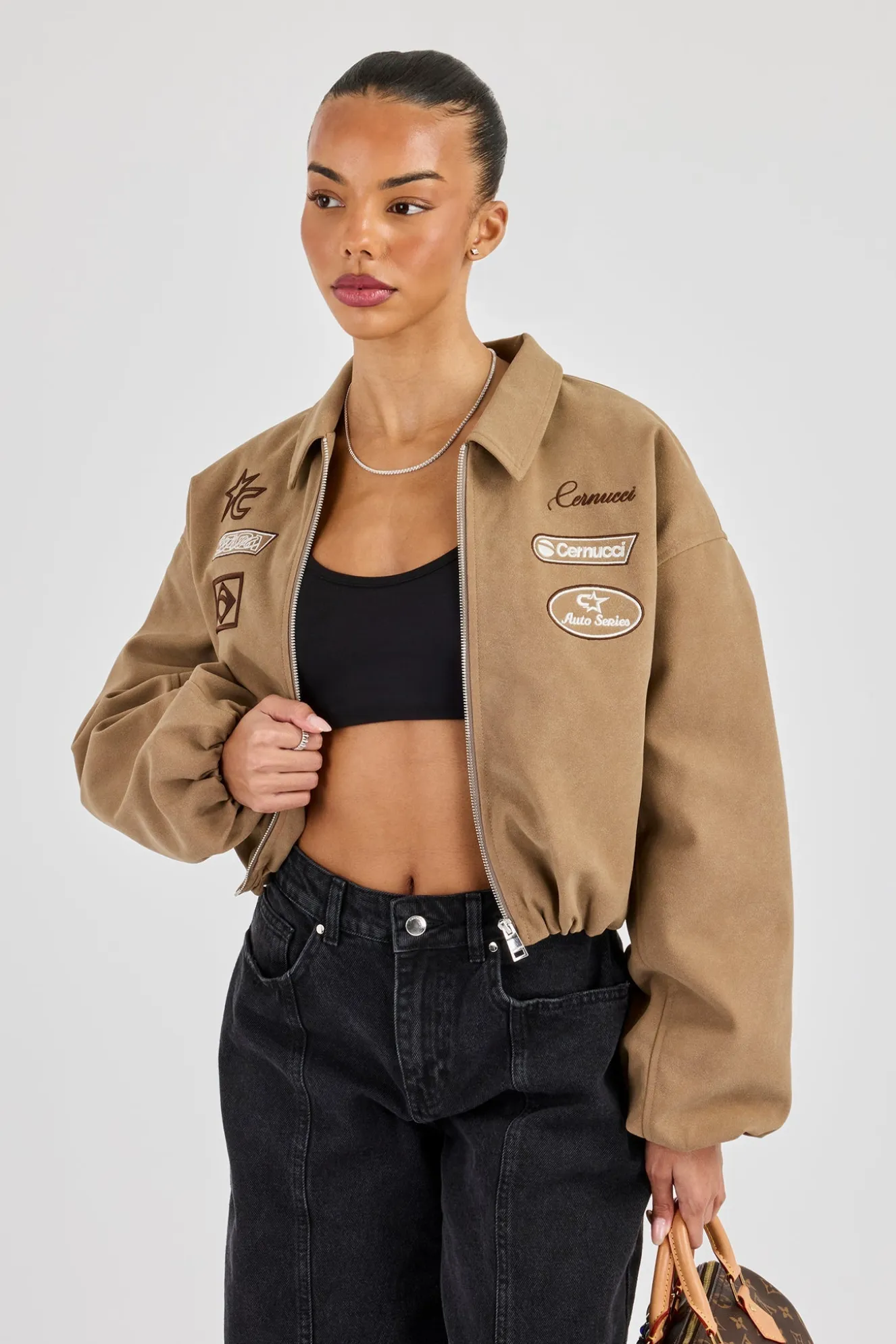 Suede Moto Badge Collared Bomber - Taupe