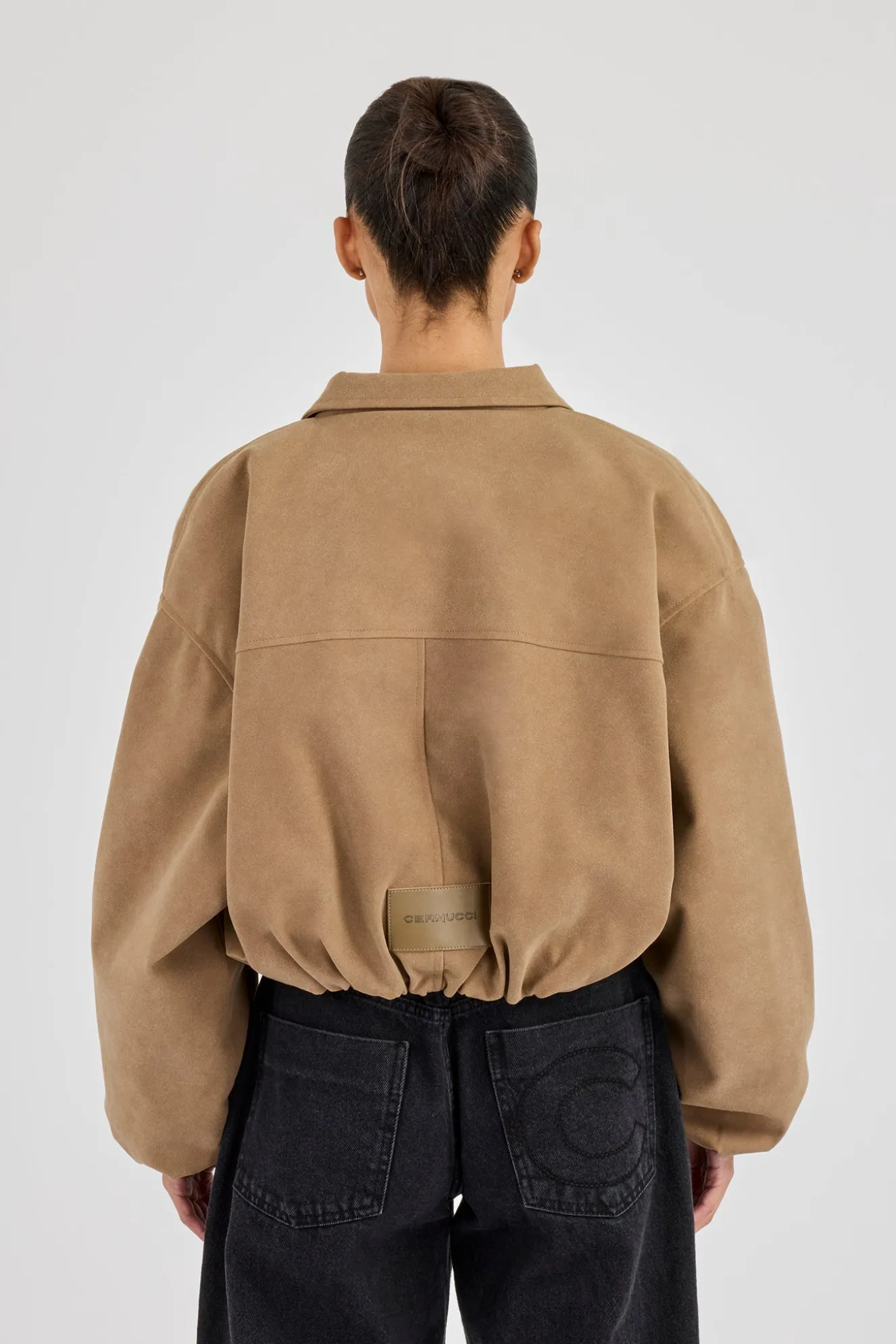 Suede Moto Badge Collared Bomber - Taupe