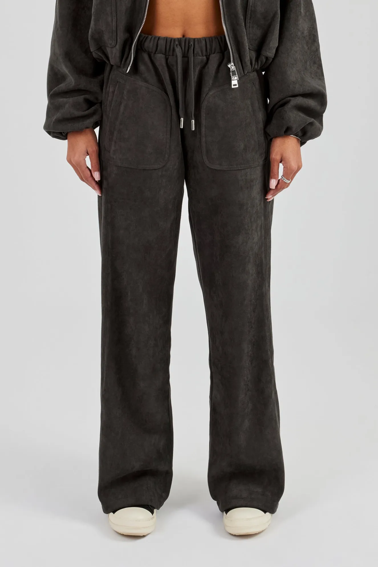 Suede Wide Leg Trouser - Charcoal