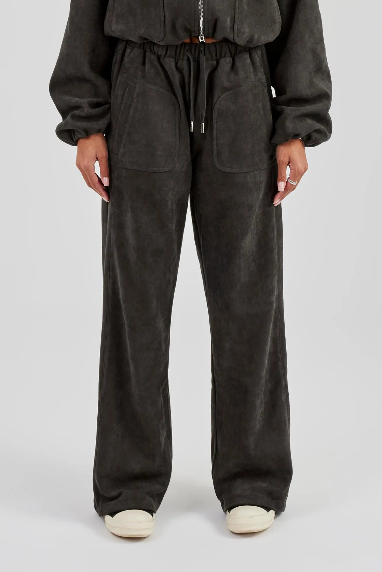 Suede Wide Leg Trouser - Charcoal