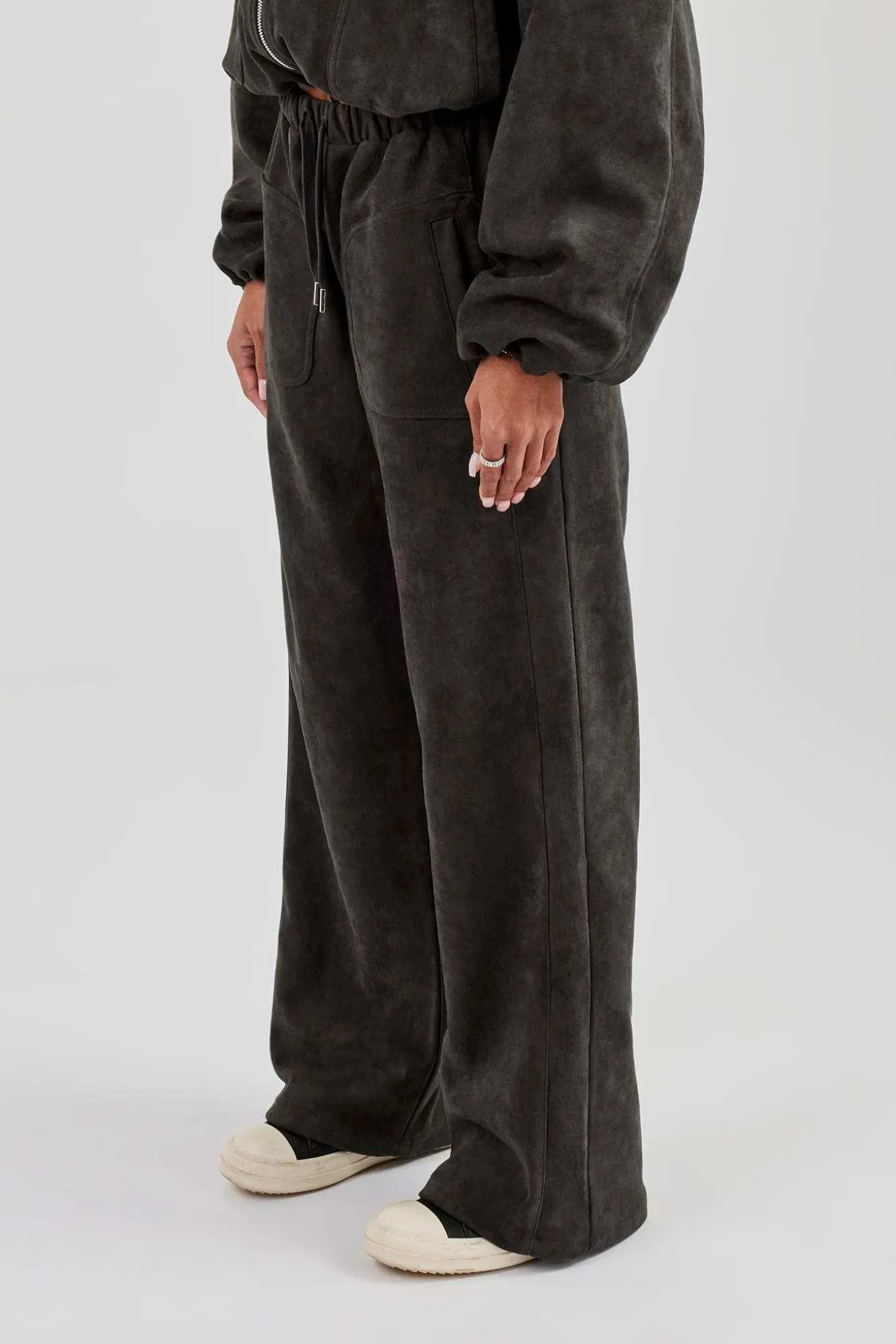 Suede Wide Leg Trouser - Charcoal