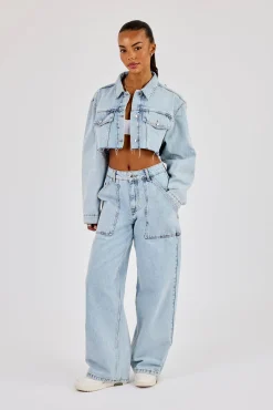 Super Cropped Denim Jacket & Pocket Detail Jean - Light Blue