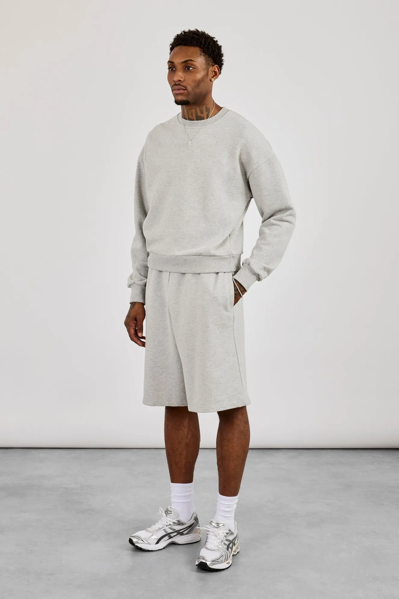 Sweater & Embroidered Jersey Jort - Grey Marl