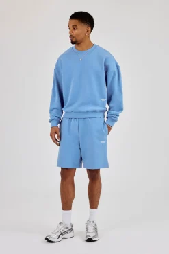 Sweater & Relaxed Jersey Short With Micro Branding - Riviera Blue