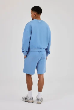 Sweater & Relaxed Jersey Short With Micro Branding - Riviera Blue