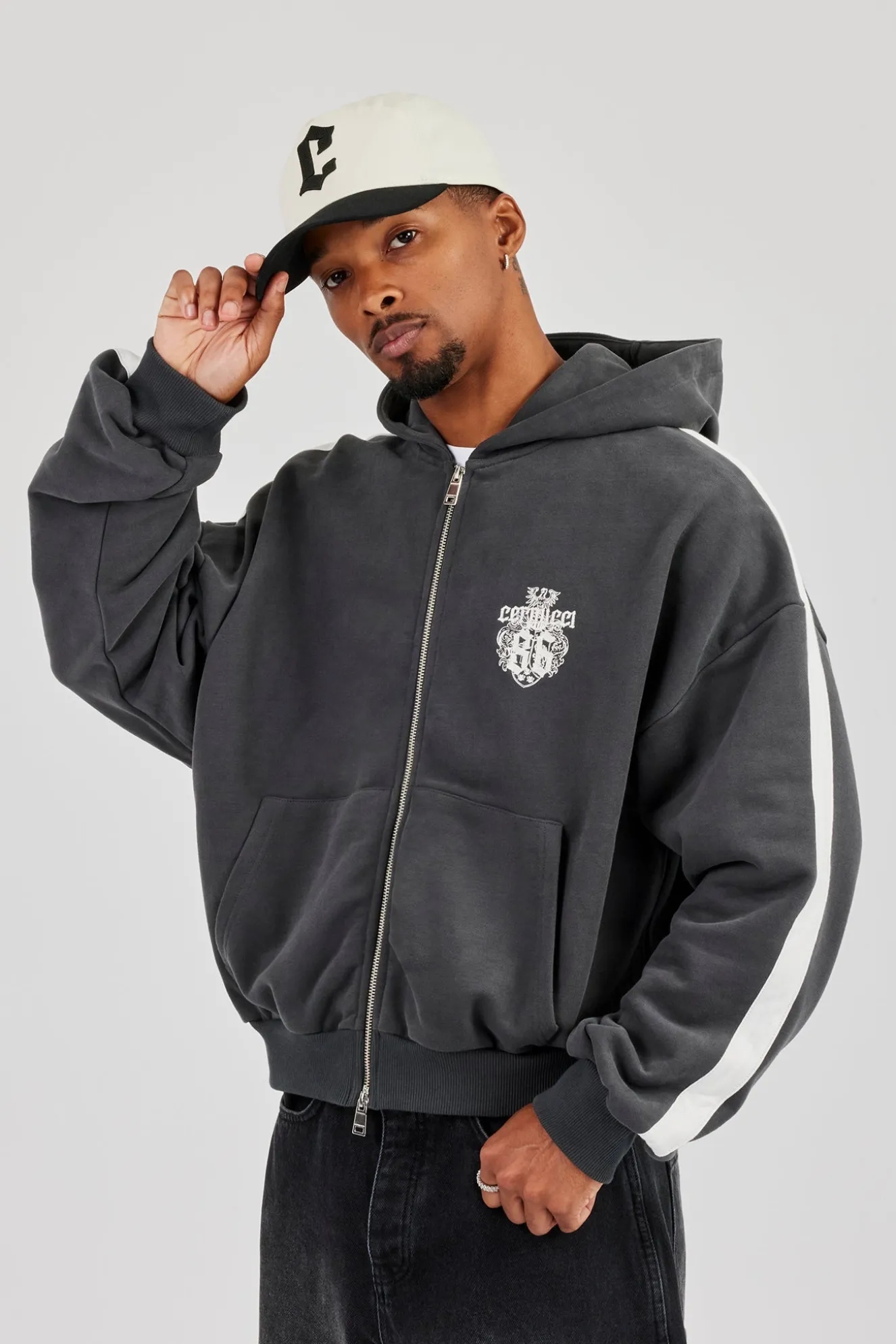 86 Taping Boxy Zip Through Hoodie - Charcoal