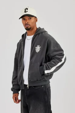 86 Taping Boxy Zip Through Hoodie - Charcoal