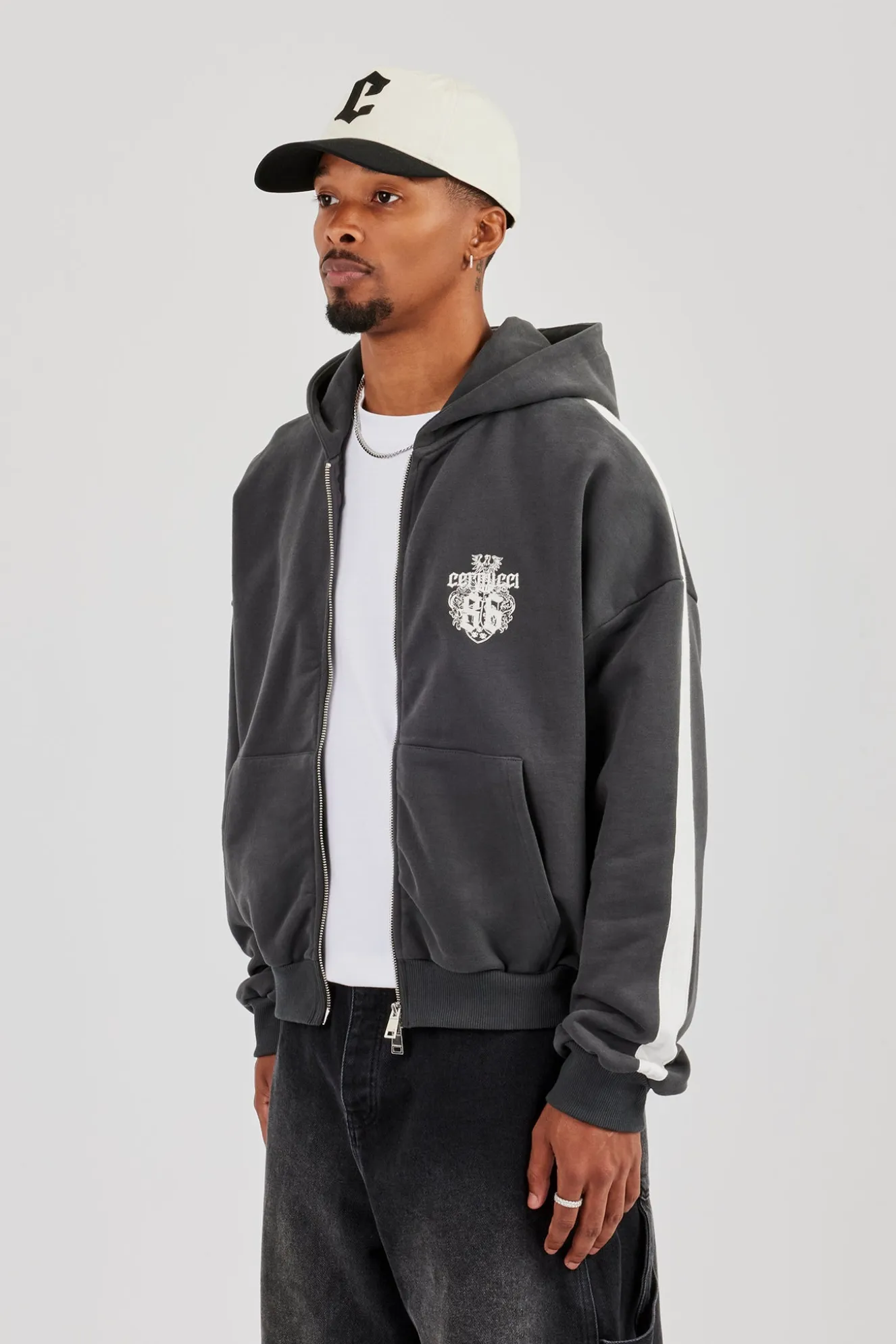 86 Taping Boxy Zip Through Hoodie - Charcoal