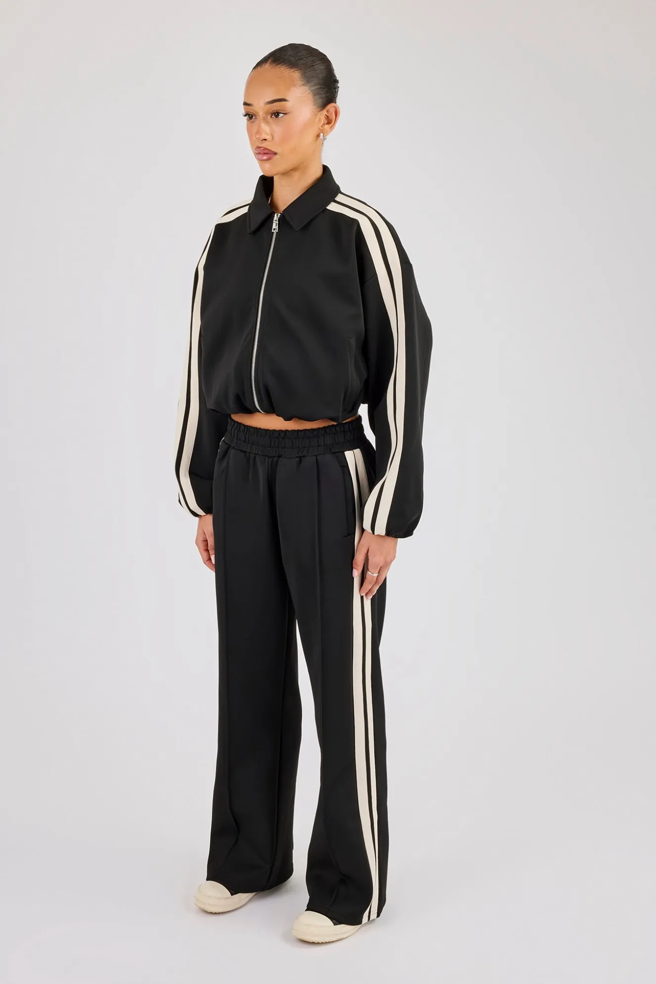 Taping Collared Bomber Jacket & Wide Leg Track Pant - Black