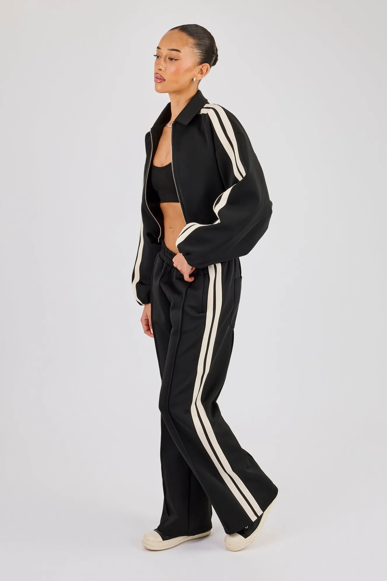 Taping Collared Bomber Jacket & Wide Leg Track Pant - Black