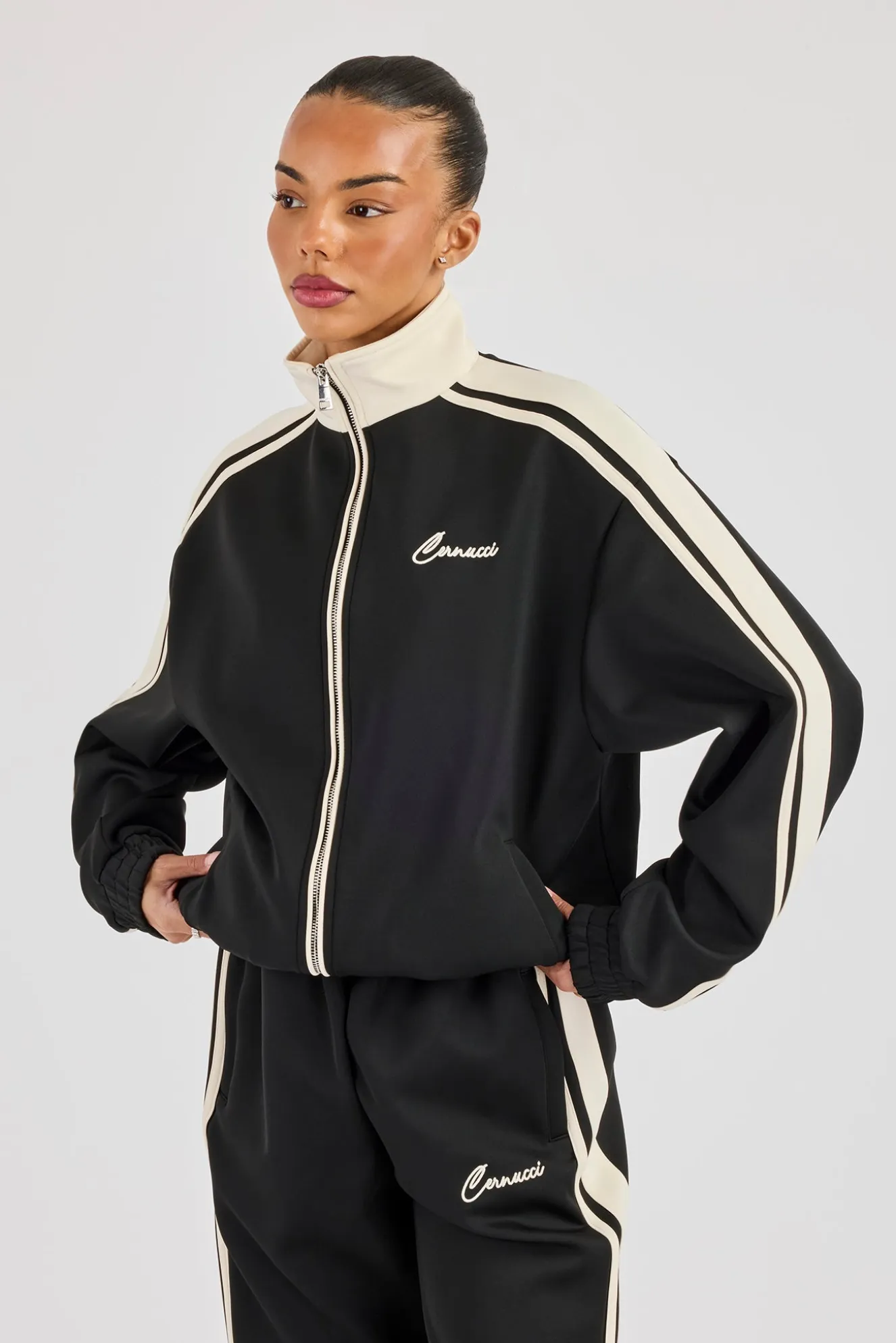 Taping Contrast Collar Track Jacket - Black