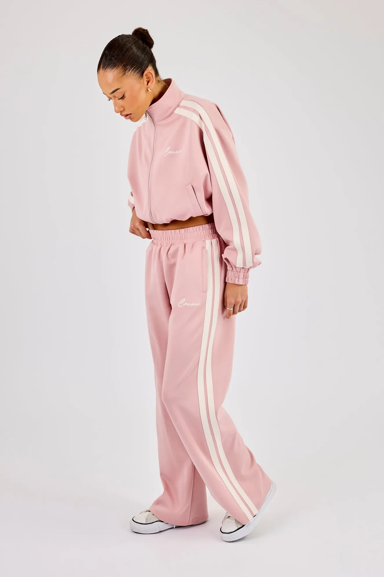 Taping Cropped Funnel Neck Jacket & Wide Leg Track Pant - Dusty Pink