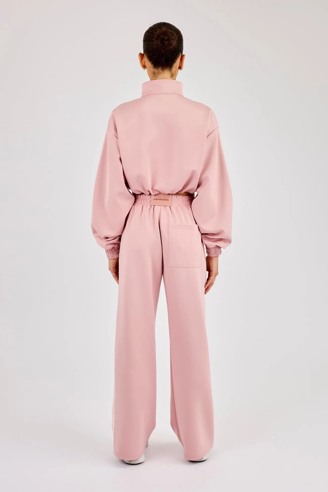 Taping Cropped Funnel Neck Jacket & Wide Leg Track Pant - Dusty Pink