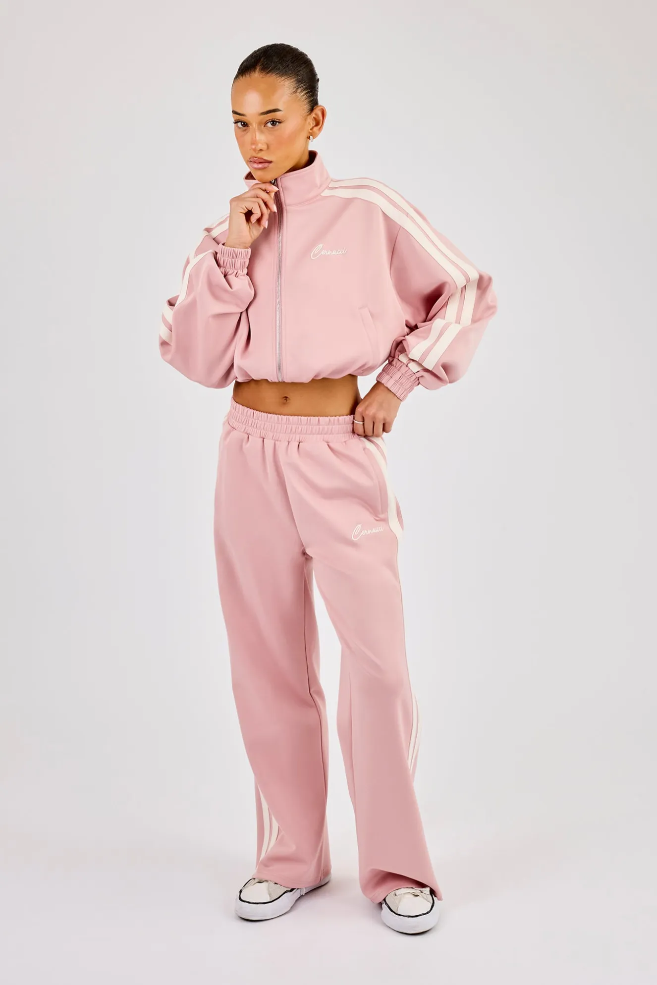 Taping Cropped Funnel Neck Jacket & Wide Leg Track Pant - Dusty Pink