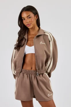 Taping Cropped Funnel Neck Jacket - Taupe