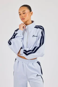 Taping Cropped Funnel Neck Jacket - Light Blue